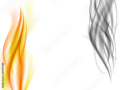 Abstract background with vertical grey smoke and orange flames in front of each other, fiery smoke, vector illustration