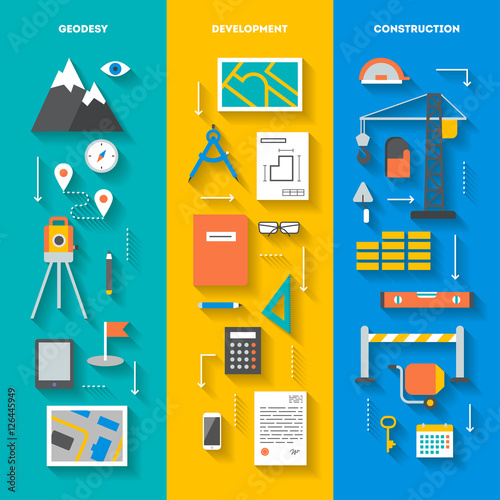 Concept set of vertical banners tools and objects for geodesy development construction and repairs, flat icons with diagonal shadow, vector illustration