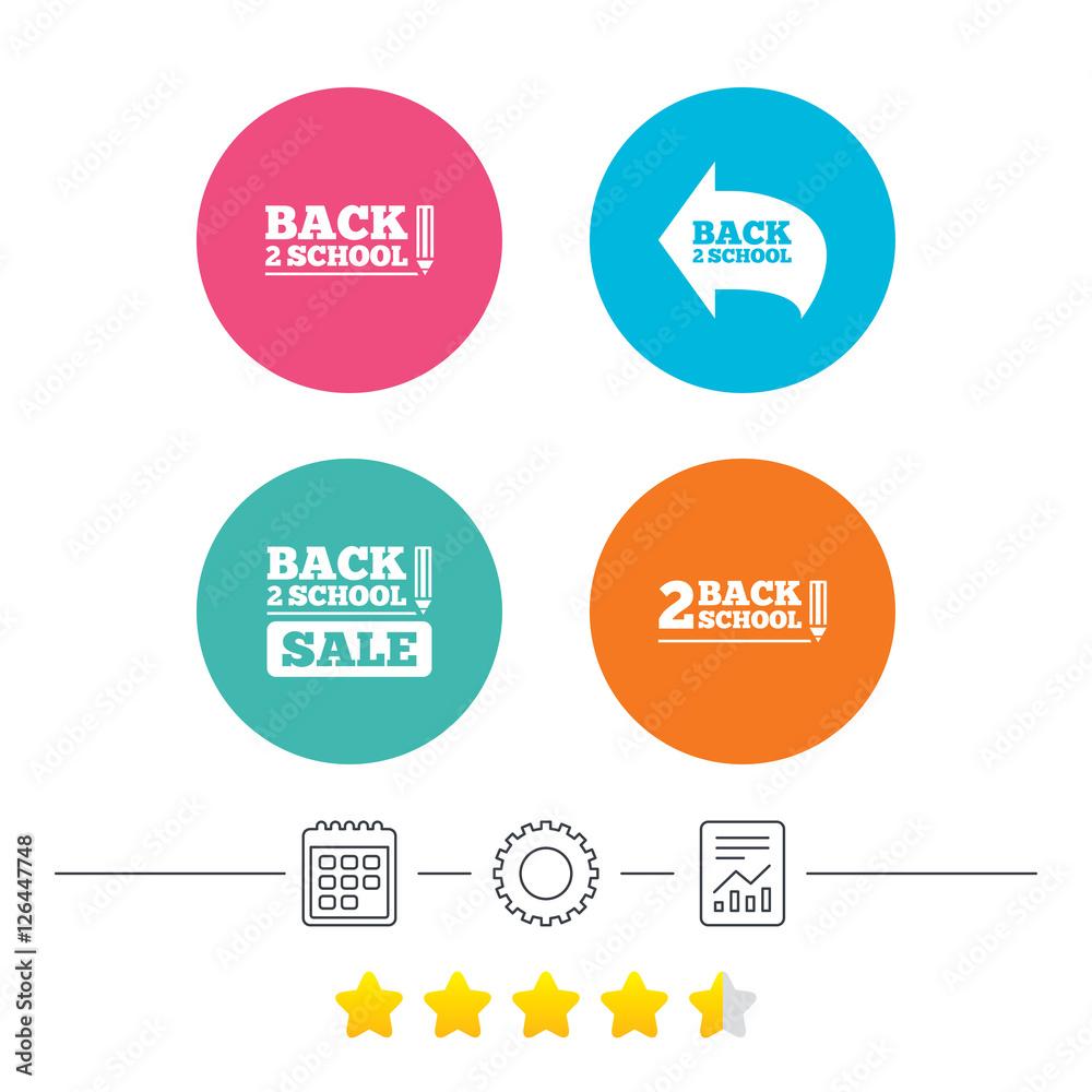 Back to school sale icons. Studies after the holidays signs. Pencil symbol. Calendar, cogwheel and report linear icons. Star vote ranking. Vector Back to school sale icons. Studies after the holidays signs. Pencil symbol. Calendar, cogwheel and report linear icons. Star vote ranking. Vector