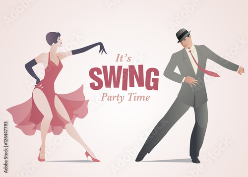 Elegant couple dressed in 1950s clothes style, dancing jazz or swing