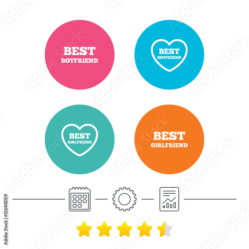 Best boyfriend and girlfriend icons. Heart love signs. Award symbol. Calendar, cogwheel and report linear icons. Star vote ranking. Vector