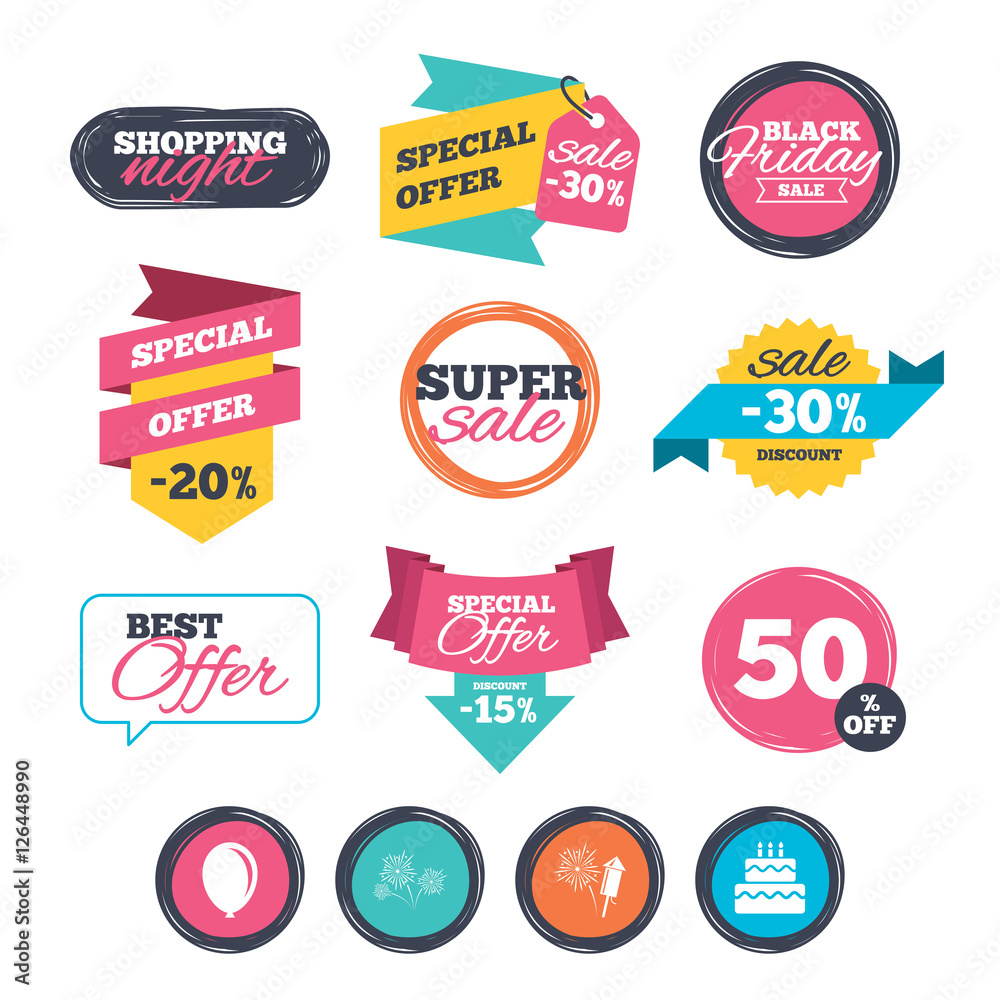 Sale stickers, online shopping. Birthday party icons. Cake and gift box signs. Air balloon and fireworks symbol. Website badges. Black friday. Vector