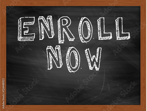 ENROLL NOW handwritten text on black chalkboard