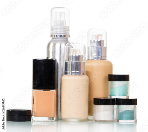 Bottles with liquid basis, powder jars and paint isolated.