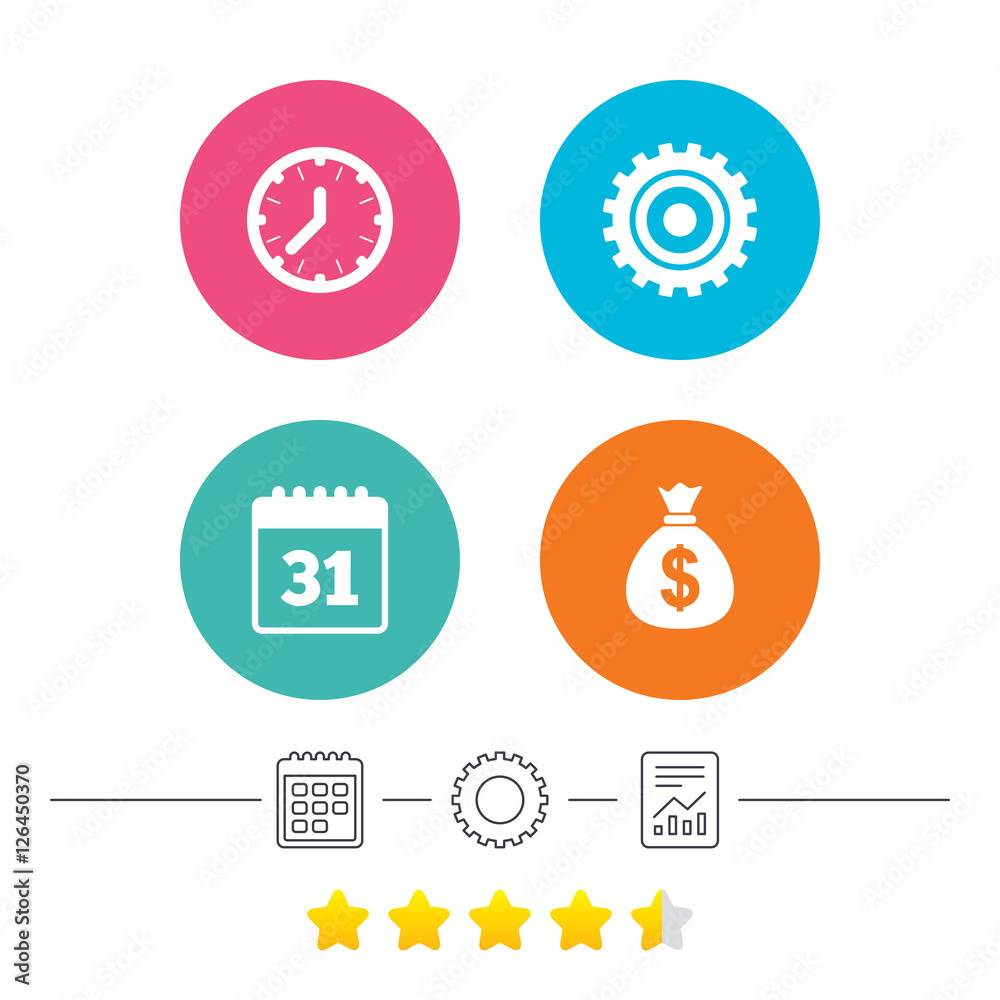 Business icons. Calendar and mechanical clock signs. Dollar money bag and gear symbols. Calendar, cogwheel and report linear icons. Star vote ranking. Vector Business icons. Calendar and mechanical clock signs. Dollar money bag and gear symbols. Calendar, cogwheel and report linear icons. Star vote ranking. Vector