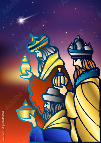Stylized Biblical Christmas etude: three Wise Men are visiting the new King of Jerusalem Jesus Christ after His birth.