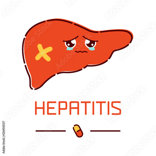 Hepatitis awareness poster with sad cartoon liver character on white background. Human body organs anatomy icon. Human internal organ symbol. Medical concept. Vector illustration.