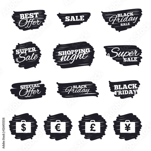 Ink brush sale stripes and banners. Businessman case icons. Cash money diplomat signs. Dollar, euro and pound symbols. Black friday. Ink stroke. Vector