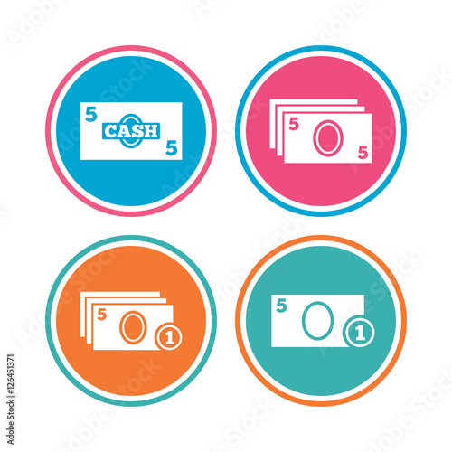 Businessman case icons. Currency with coins sign symbols. Colored circle buttons. Vector