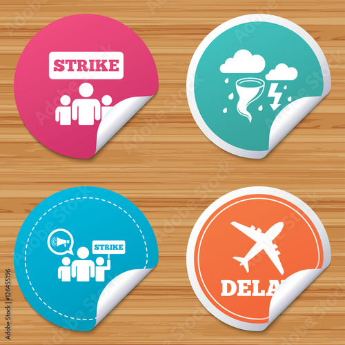 Round stickers or website banners. Strike icon. Storm bad weather and group of people signs. Delayed flight symbol. Circle badges with bended corner. Vector