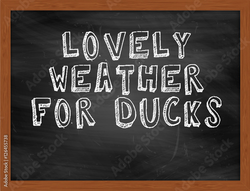 LOVELY WEATHER FOR DUCKS handwritten text on black chalkboard