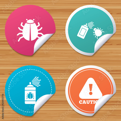 Round stickers or website banners. Bug disinfection icons. Caution attention symbol. Insect fumigation spray sign. Circle badges with bended corner. Vector