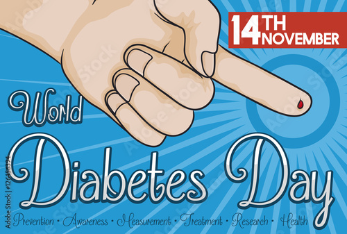 Finger with Blood Drop Measuring Glucose in World Diabetes Day, Vector Illustration