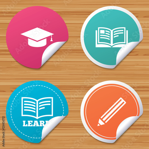 Round stickers or website banners. Pencil and open book icons. Graduation cap symbol. Higher education learn signs. Circle badges with bended corner. Vector
