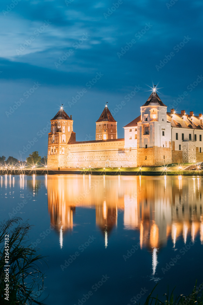 Belarus. Scenic View Of Mir Castle Complex In Bright Evening Ill Belarus. Scenic View Of Mir Castle Complex In Bright Evening Ill
