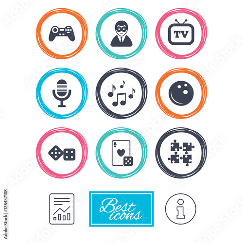Entertainment icons. Game, bowling and puzzle signs. Casino, carnival and musical note symbols. Report document, information icons. Vector