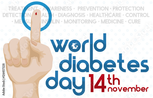 Diabetes Day with Hand with Blood Drop and Reminder Date, Vector Illustration