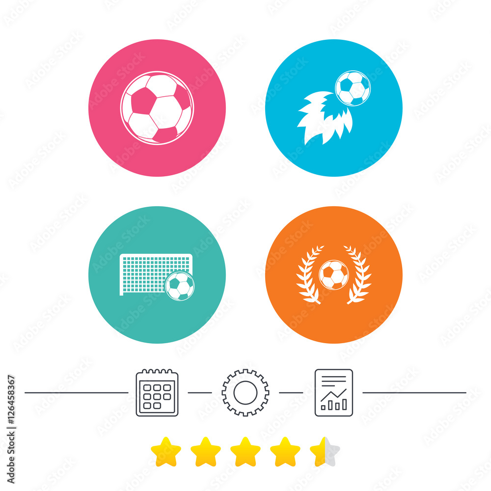 Football icons. Soccer ball sport sign. Goalkeeper gate symbol. Winner ...