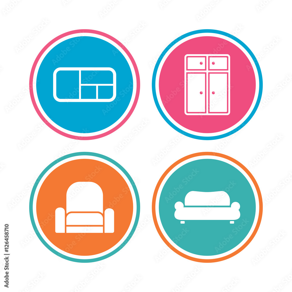 Furniture icons. Sofa, cupboard, and book shelf signs. Modern armchair symbol. Colored circle buttons. Vector Furniture icons. Sofa, cupboard, and book shelf signs. Modern armchair symbol. Colored circle buttons. Vector