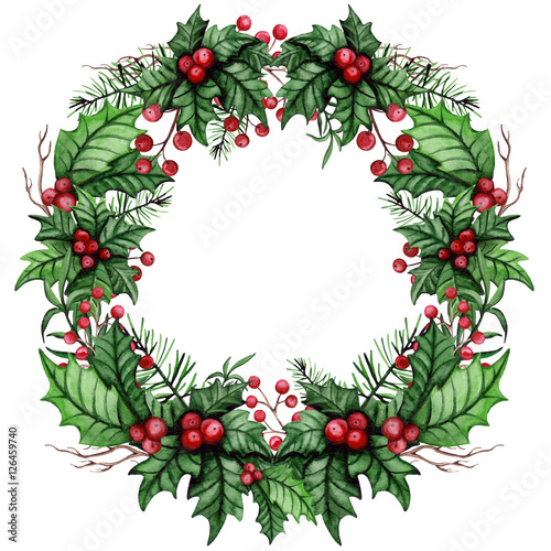 Wreath with Watercolor Red Berries, Holly and Tree Branches