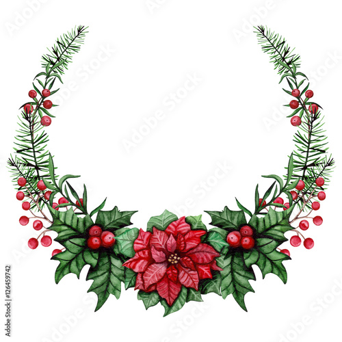 Wreath with Watercolor Colorful Holly and Poinsettia
