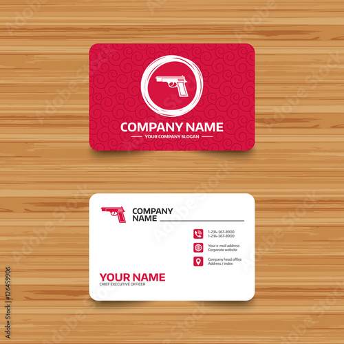 Business card template with texture. Gun sign icon. Firearms weapon symbol. Phone, web and location icons. Visiting card  Vector