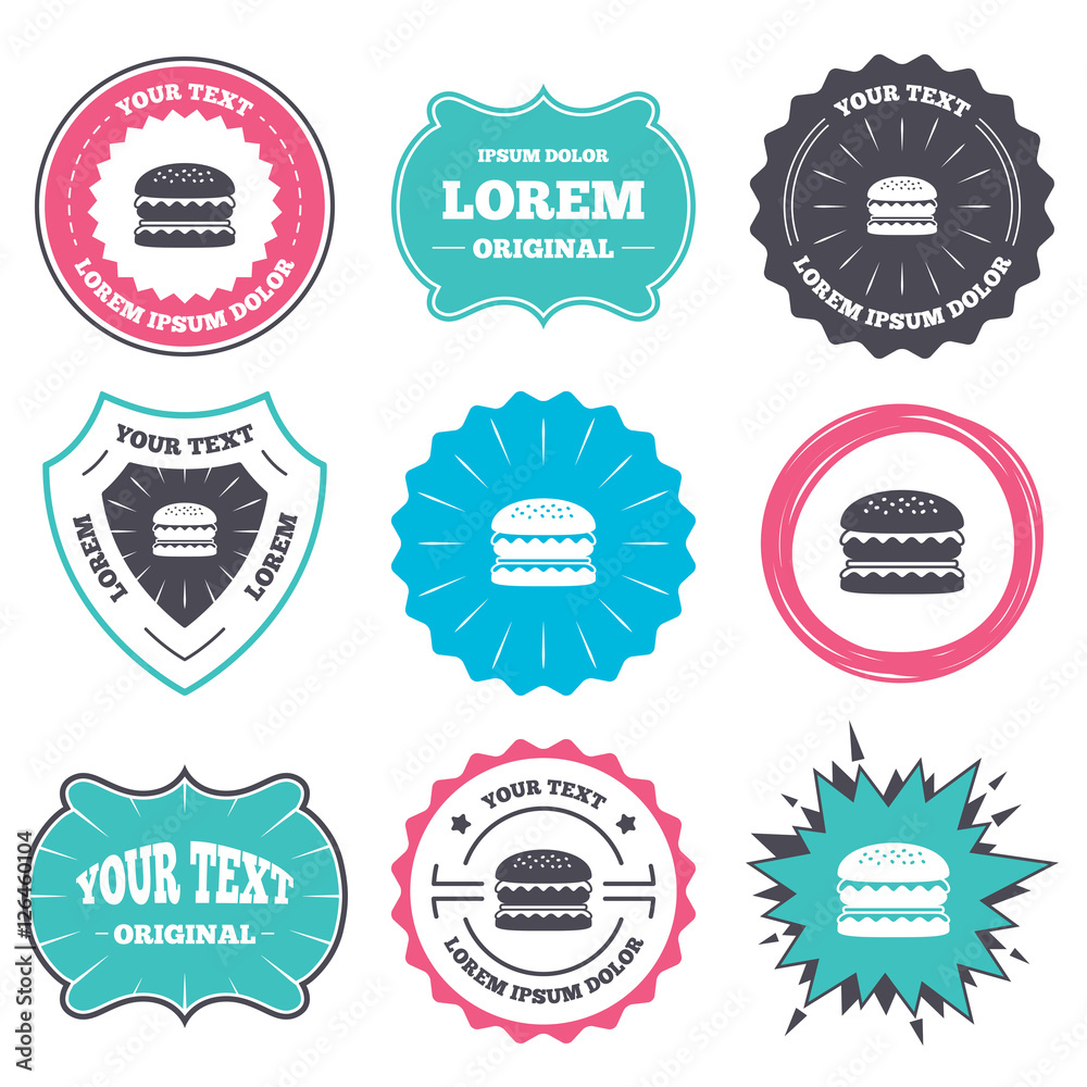 Label and badge templates. Hamburger icon. Burger food symbol. Cheeseburger sandwich sign. Retro style banners, emblems. Vector