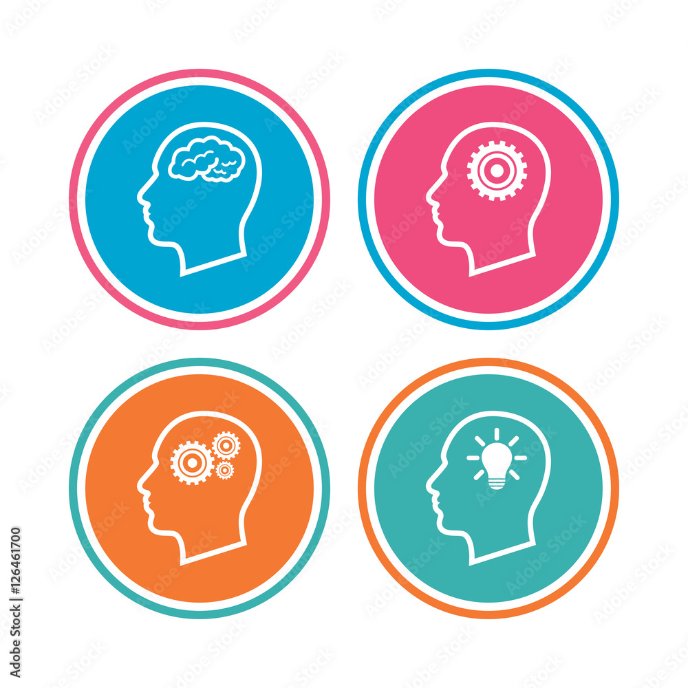 Head with brain and idea lamp bulb icons. Male human think symbols. Cogwheel gears signs. Colored circle buttons. Vector