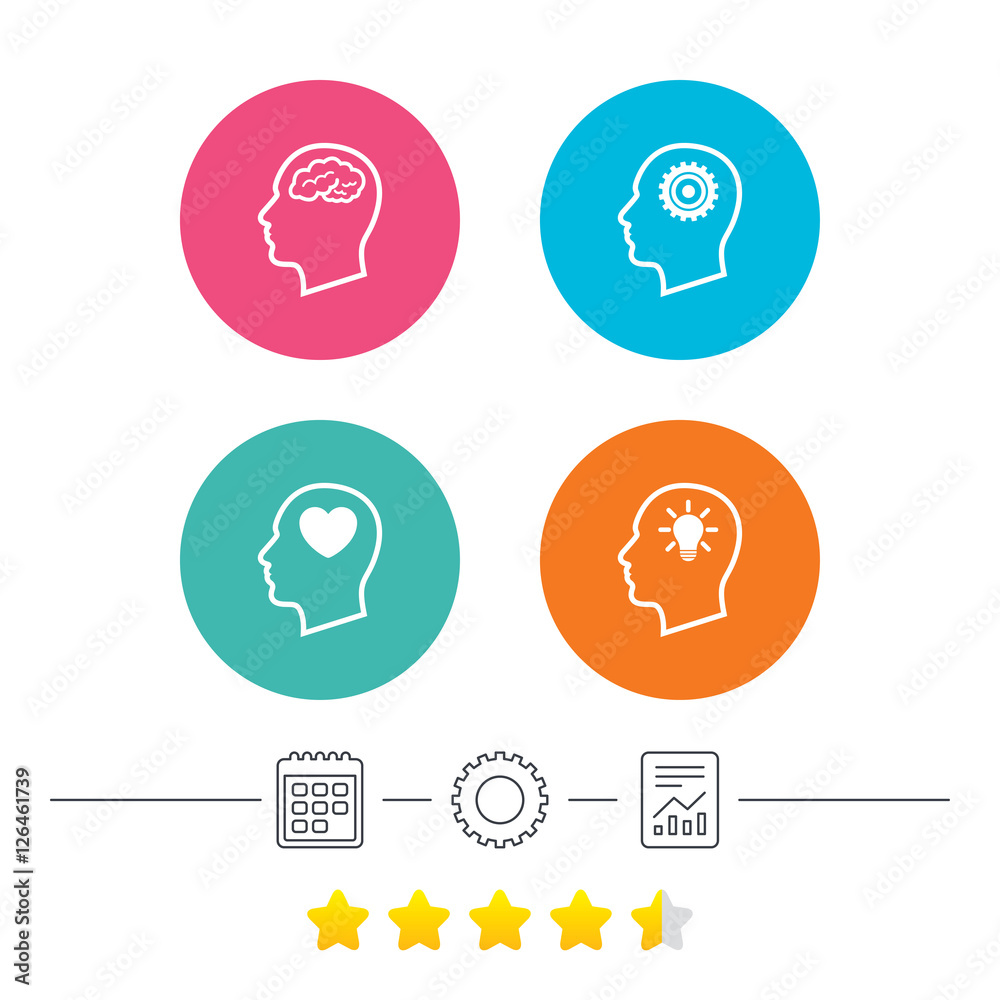 Head with brain and idea lamp bulb icons. Male human think symbols. Cogwheel gears signs. Love heart. Calendar, cogwheel and report linear icons. Star vote ranking. Vector Head with brain and idea lamp bulb icons. Male human think symbols. Cogwheel gears signs. Love heart. Calendar, cogwheel and report linear icons. Star vote ranking. Vector