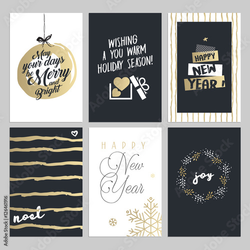 Christmas and New Year hand drawn greeting cards set. Vector illustrations for greeting cards, website and mobile banners, marketing material. 