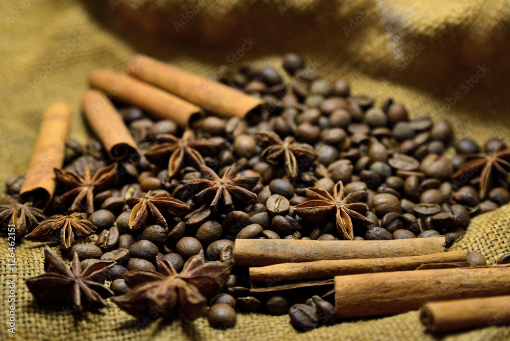 Coffee beans, cinnamon sticks and star anise Coffee beans, cinnamon sticks and star anise