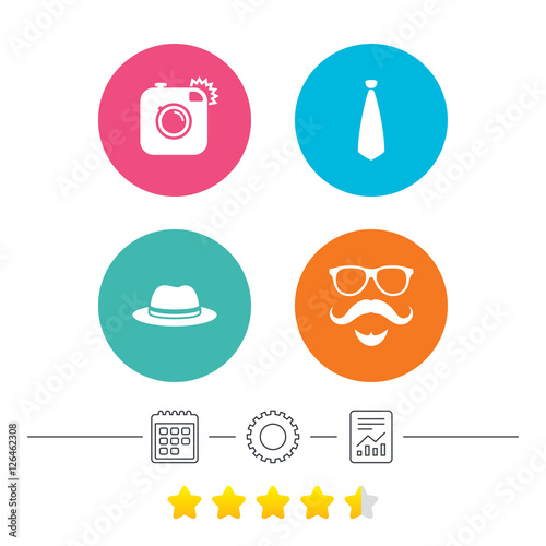 Hipster photo camera. Mustache with beard icon. Glasses and tie symbols. Classic hat headdress sign. Calendar, cogwheel and report linear icons. Star vote ranking. Vector © blankstock
