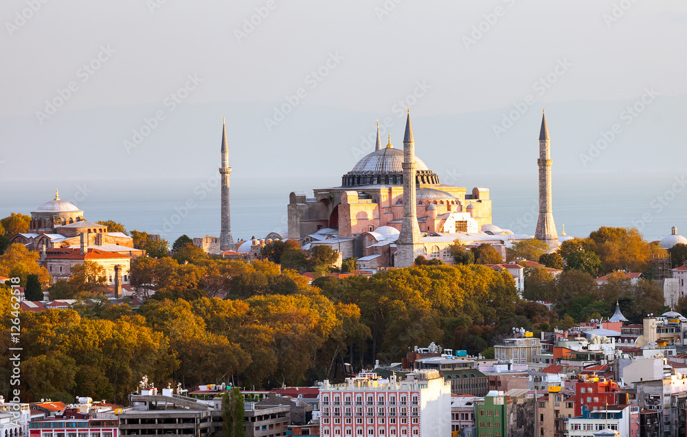 Fototapeta premium Hagia Sophia in Istanbul. The world famous monument of Byzantine architecture. View of the St. Sophia Cathedral at sunset.