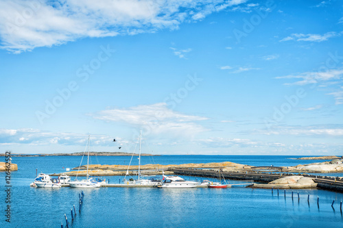 Scenic view of sea bay and mountain islands