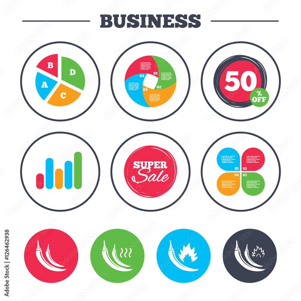 Business pie chart. Growth graph. Hot chili pepper icons. Spicy