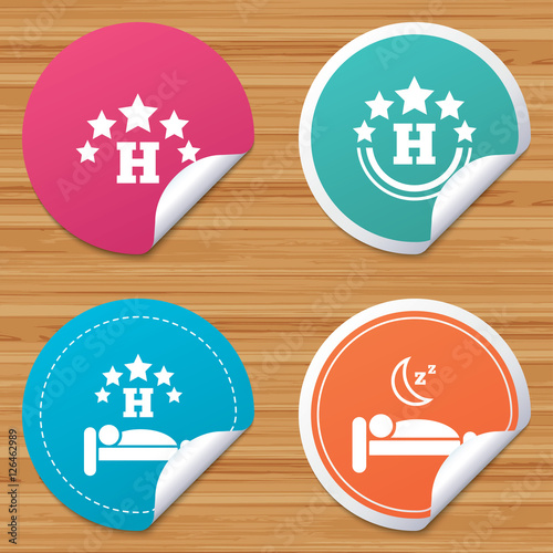 Round stickers or website banners. Five stars hotel icons. Travel rest place symbols. Human sleep in bed sign. Circle badges with bended corner. Vector