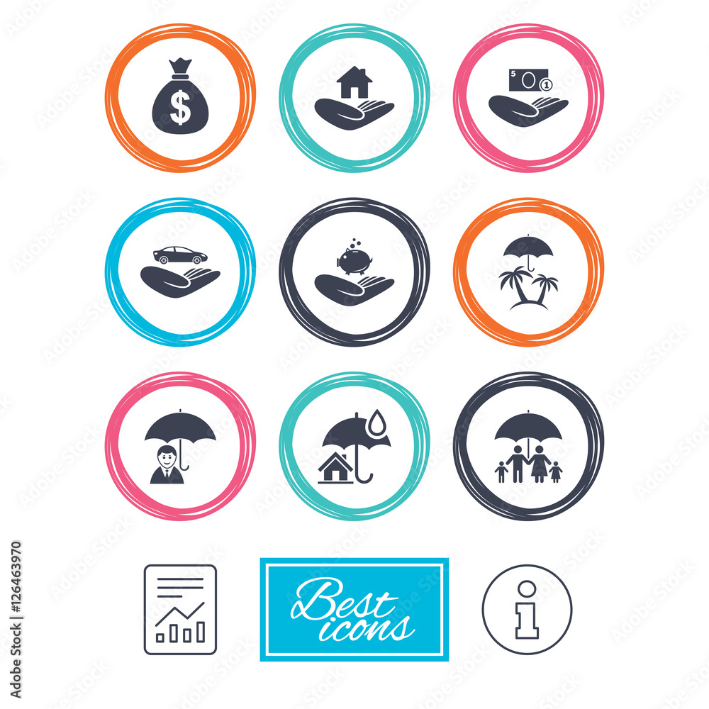 Insurance icons. Life, Real estate and House signs. Money bag, family and travel symbols. Report document, information icons. Vector