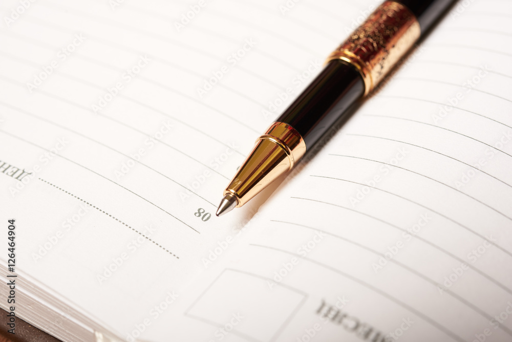 gold pen and diary closeup gold pen and diary closeup