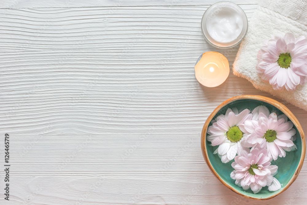 spa nail care with tea candle wooden background top view spa nail care with tea candle wooden background top view