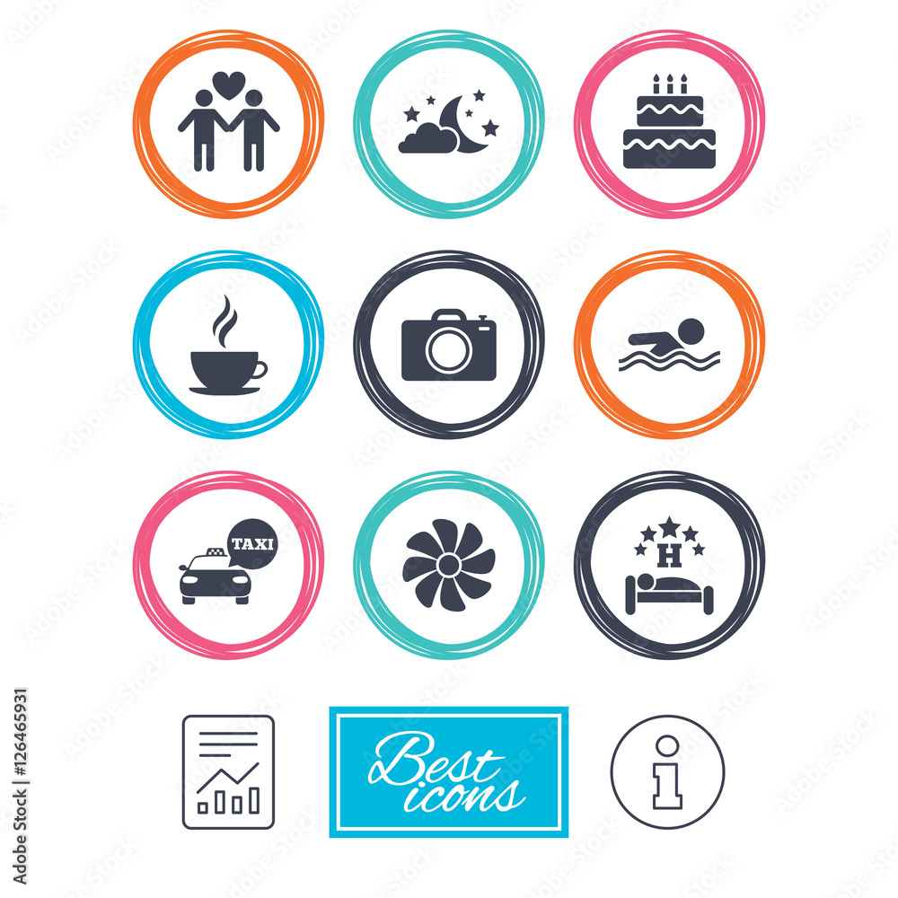 Hotel, apartment service icons. Swimming pool. Ventilation, birthday party and gay-friendly symbols. Report document, information icons. Vector