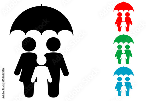 Icono plano familia con paraguas varios colores