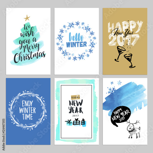 Christmas and New Year hand drawn greeting cards set. Watercolor vector illustrations for greeting cards, website and mobile banners, marketing material. 