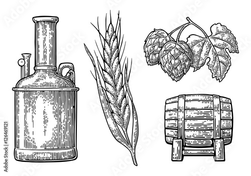 Row of tanks, hop branch with leaf, ear of barley and wooden barrel.