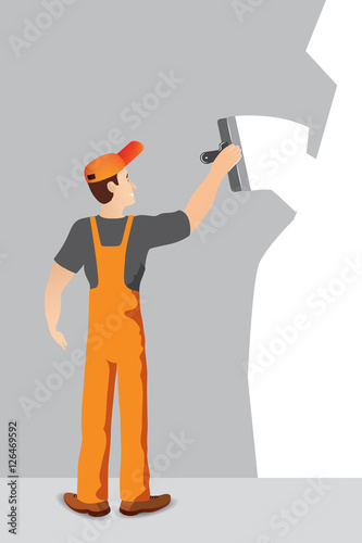 Illustration of worker with spatula and plaster doing renovation