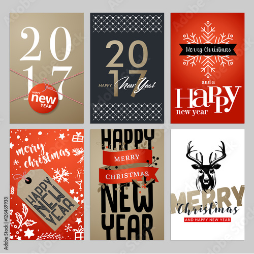 Christmas and New Year flat design greeting cards set. Hand drawn vector illustrations for greeting cards, website and mobile banners, marketing material. 