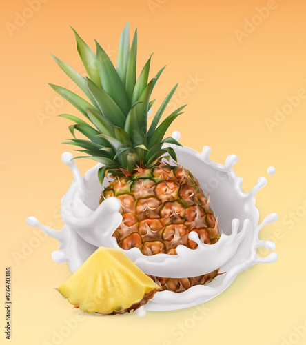 Pineapple and milk splash. Fruit and yogurt. Realistic illustration. 3d vector icon