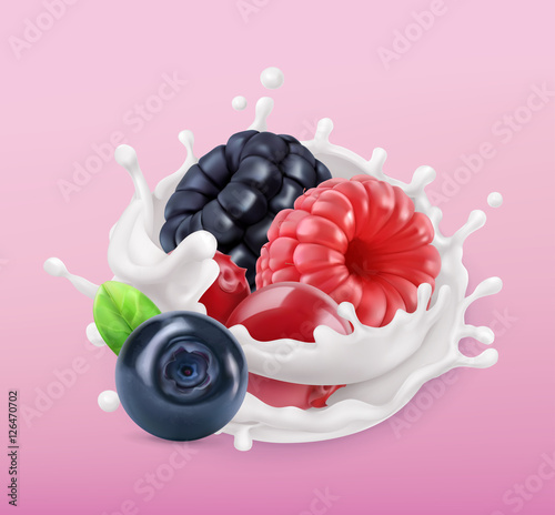 Forest berry and milk splash. Fruit and yogurt. Realistic illustration. 3d vector icon