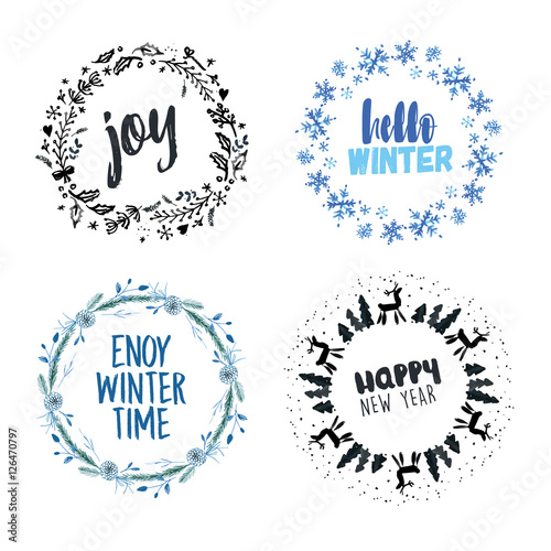 Christmas and New Year hand drawn vector illustrations for greeting cards, website badges and banners, gift tags and marketing material. 