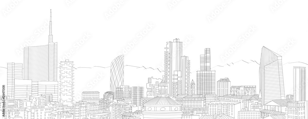 Obraz premium Nowa panorama Mediolanu, rysunek odręczny. Diamentowa wieża i drapacze chmur, Torre Solaria, Unicredit Tower, Włochy