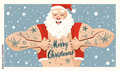 Tattooed Santa Claus, vector card.